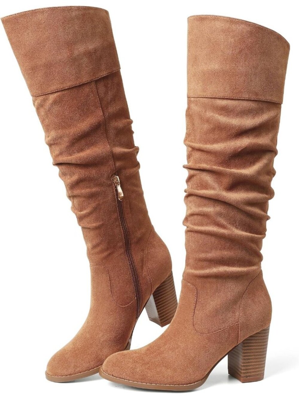Women's Brown Suede Slouch Knee High Boots Chunky Heel Tall Boots Round Toe